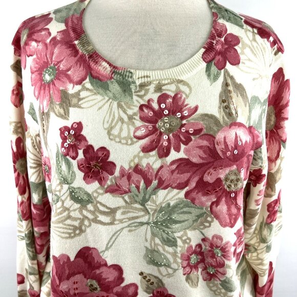 Alfred Dunner Sz L Sweater Womens Long Sleeve Knit Beaded Sequins Pink Flowers - Picture 2 of 9